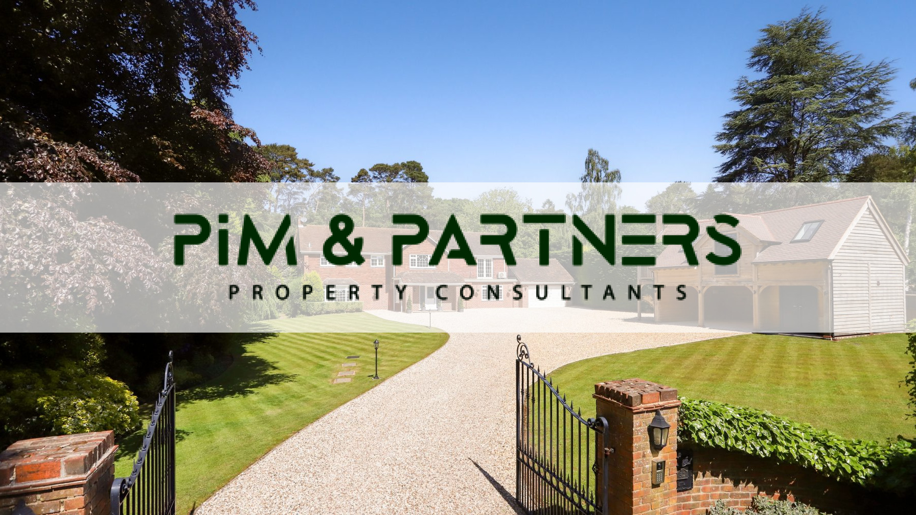 A detached Surrey family home behind gates with a gravel drive, with the PIM & PARTNERS Property Consultants logo